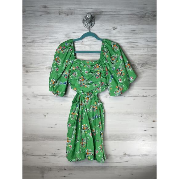 A New Day Dress Womens Small Green Floral Puff Sleeve Square Neck Smocked Lined - Picture 1 of 9